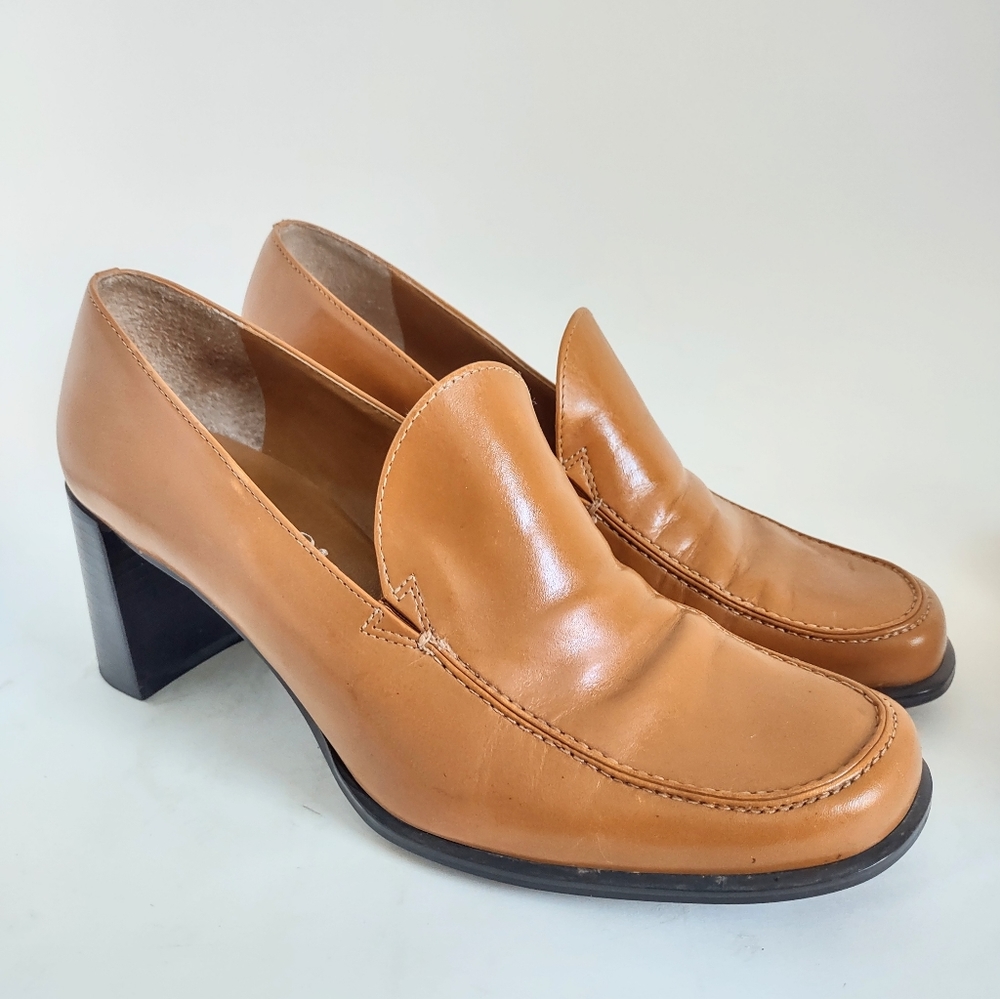 Franco Sarto Shoes Camel Tan Brown Leather Chunky Block Heels Size 8 M Y2K Vtg